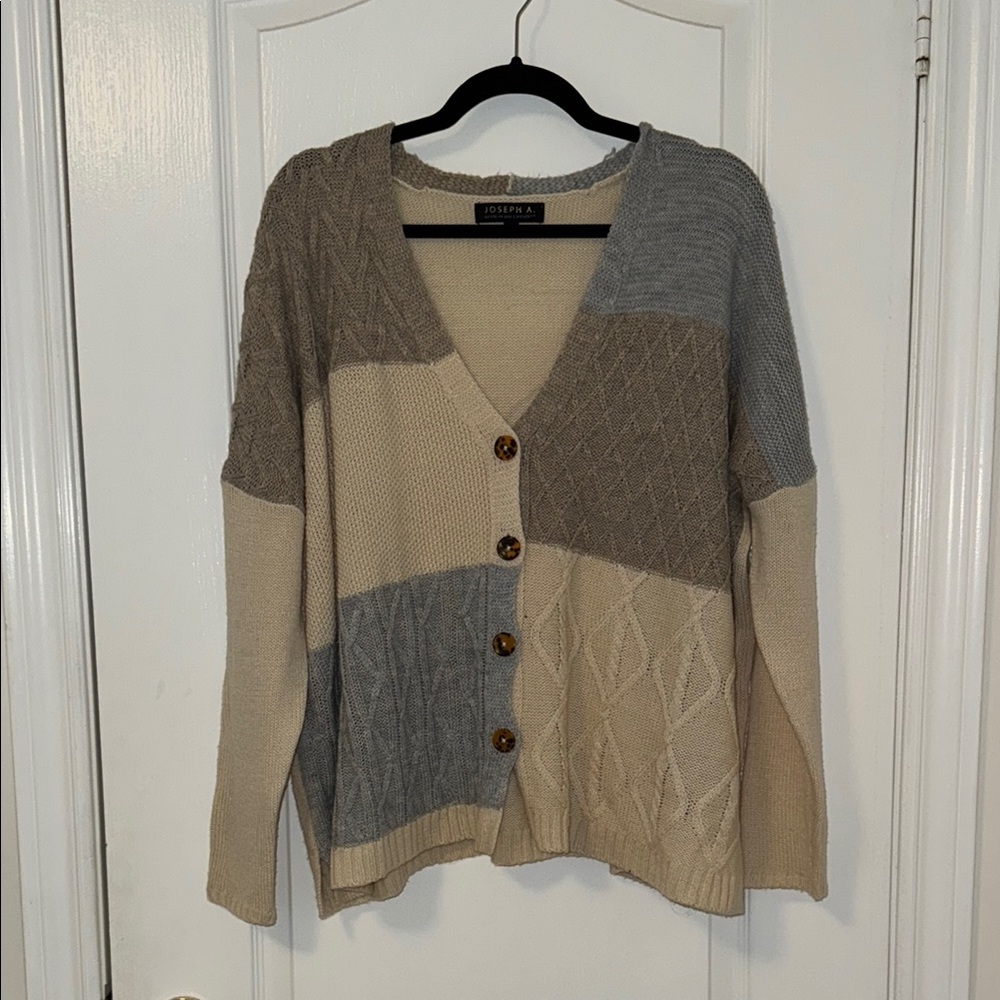 Cream and Gray Cardigan Sweater Asymmetrical Patchwork